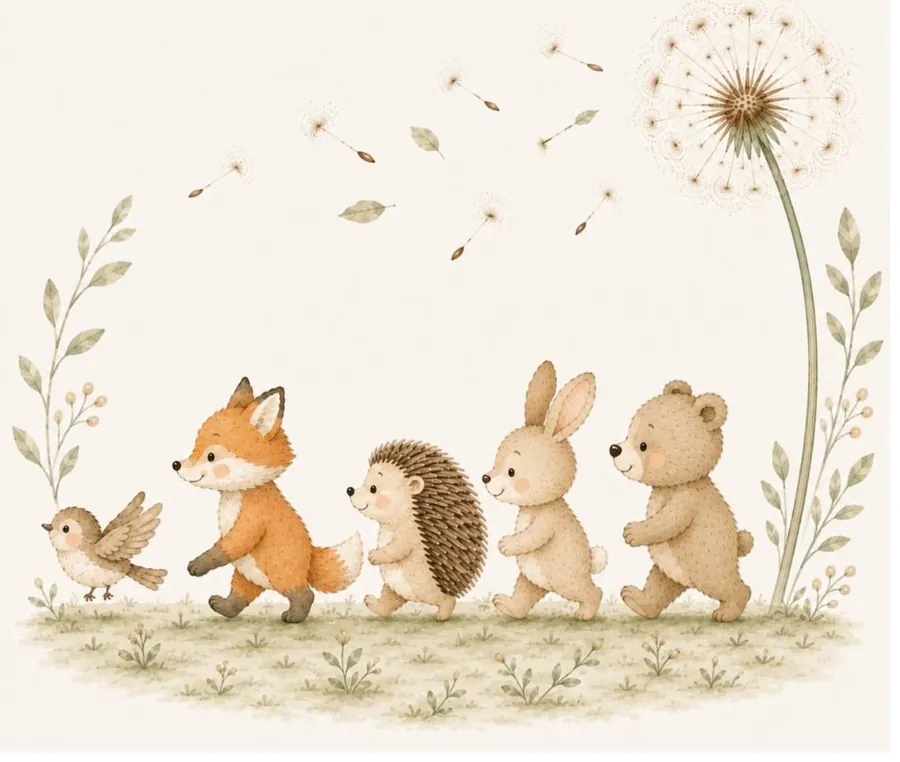 Fuchs, Igel, Hase und Bär spazieren gemeinsam